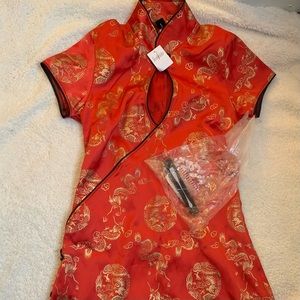 Fredricks of Hollywood Sexy Mini Dress Asian inspired brocade floral keyhole
